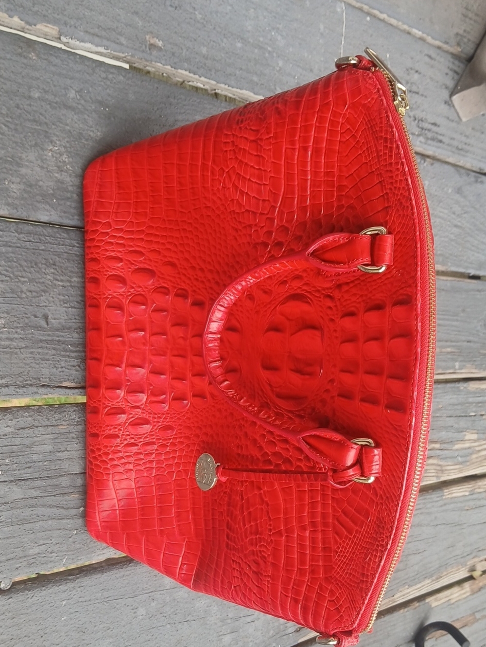 Brahmin Red Croc-Embossed Women’s Satchel with Gold Accents